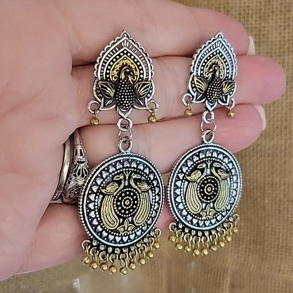 PEACOCK MEDALLION JHUMKA DROP EARRINGS - Picture 1 of 7